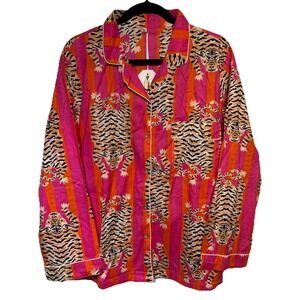 2 Chic Tiger‎ Print Pajama Top Bright Pink Orange Stripe Women's Size M/L
